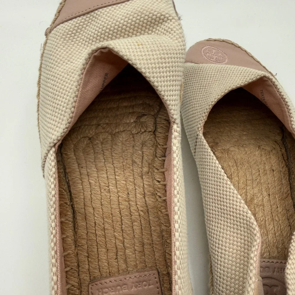Tory Burch Espadrilles Women 8 Beige Pink Leather Logo Toe Cap Flat Slip On Shoe